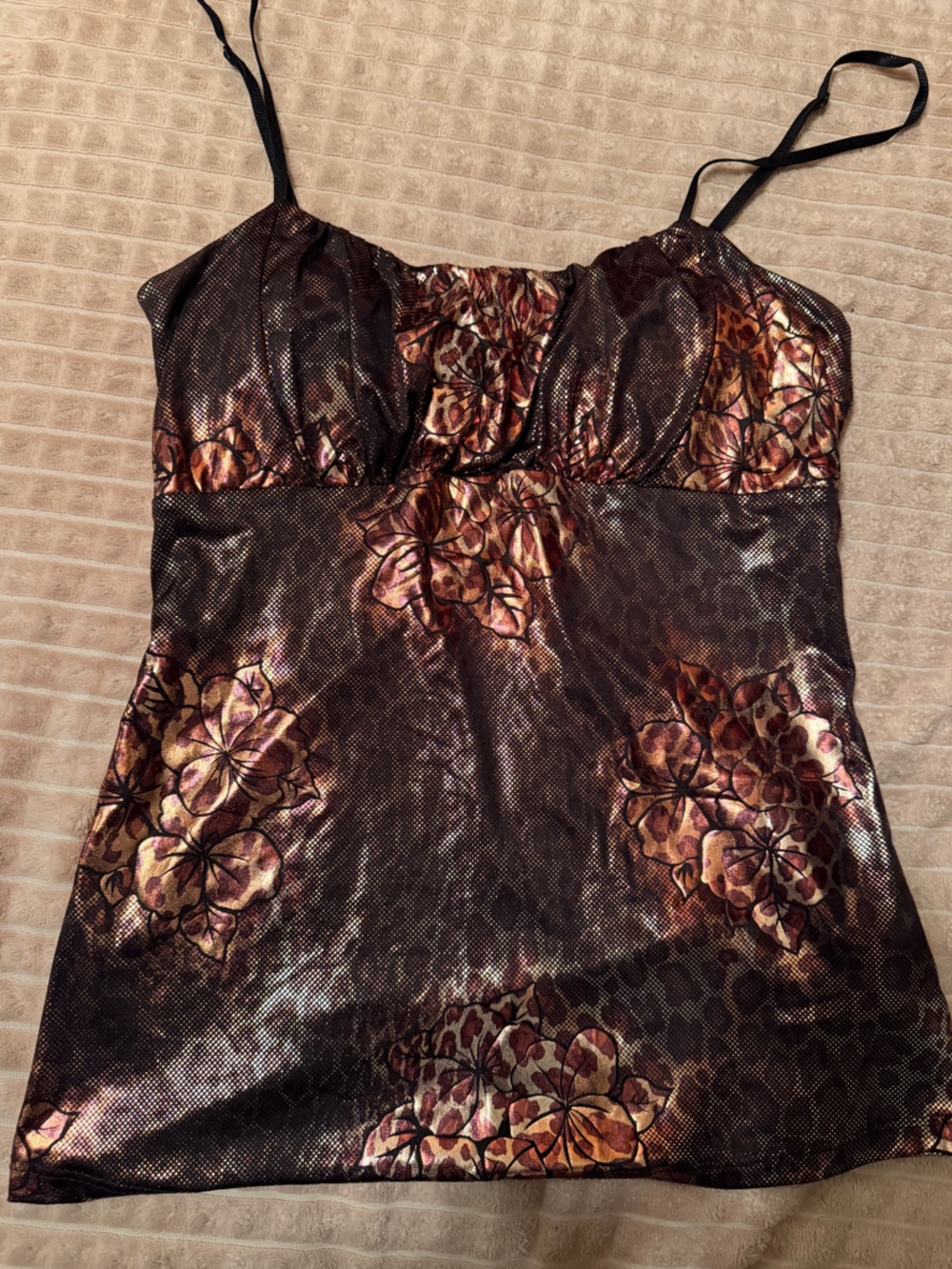 Floral Metallic Y2K top - Black with Rose Gold Floral